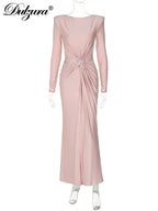 Dulzura Long Sleeves Shoulder Pad Ruched Maxi Dress Solid Elegant Prom Evening Party Long Dress Women’S Autumn Winter Outfit