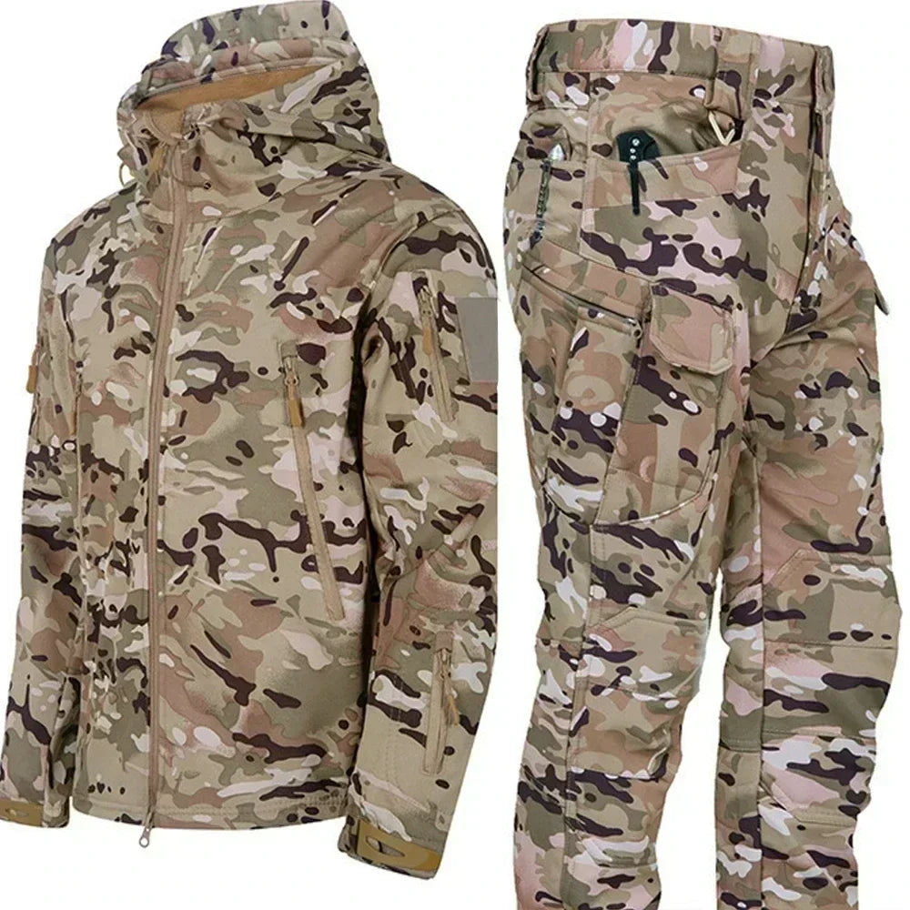 Camo Winter Tactical Sets Men Shark Skin Soft Shell Hooded Jacket+Multi-pocket Straight Cargo Pant 2Pcs Suits Waterproof Set Lootquake LLC