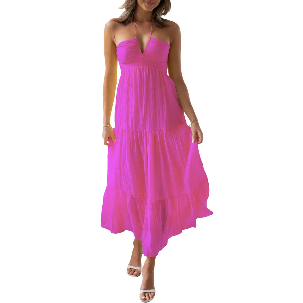 Women Low Cut Backless Maxi Dresses Elegant Spaghetti Strap Tiered Long Dress Relax Fit Open Back Cutout Flowy Sundress