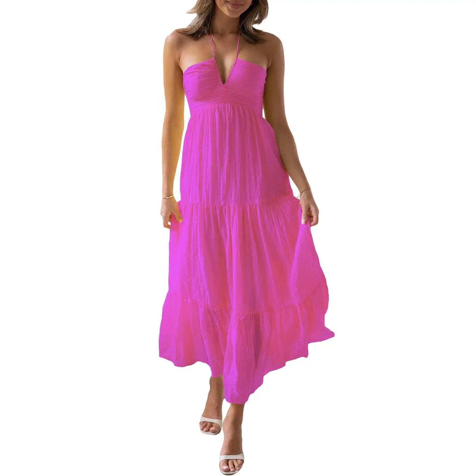 Women Low Cut Backless Maxi Dresses Elegant Spaghetti Strap Tiered Long Dress Relax Fit Open Back Cutout Flowy Sundress