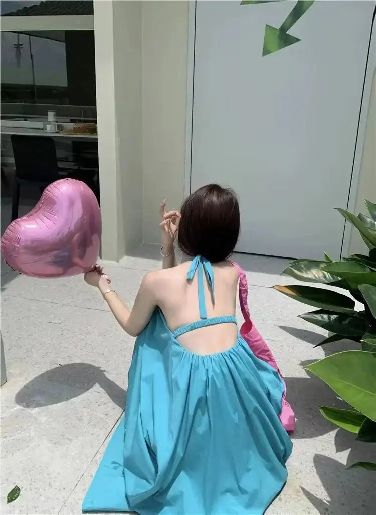 Summer Vacation Dress Thailand Style Open-back Halter Neck Age-reducing Photography Beach Long Dress Belted
