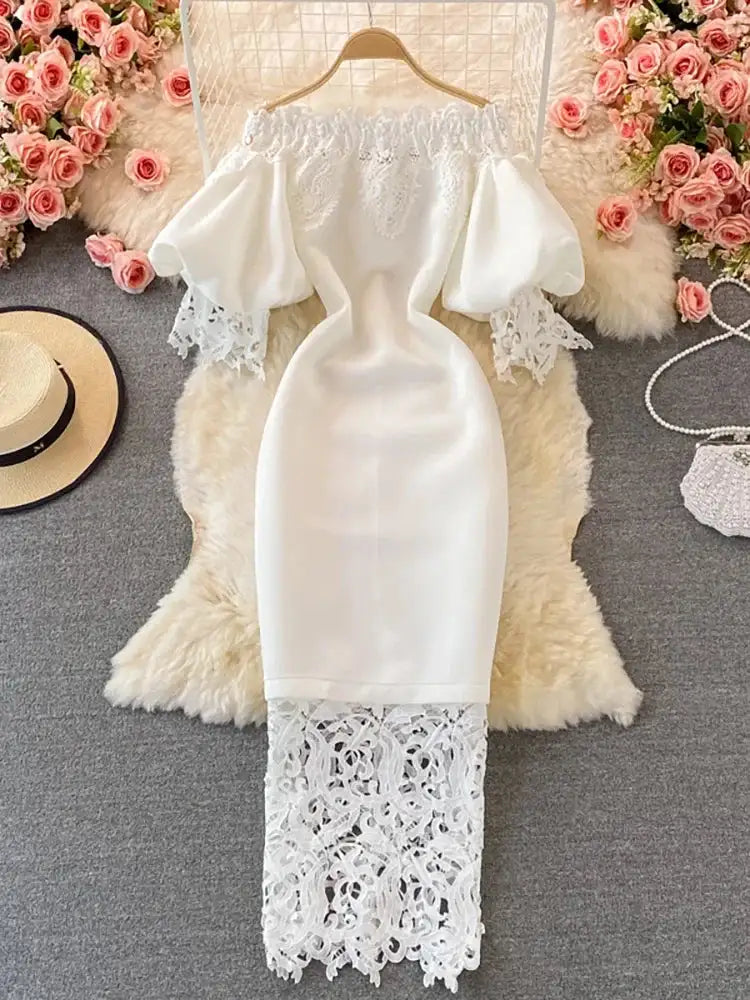 Sexy Hollow Out Lace Bodycon Long Dress Women Elegant Red/Pink/White Off Shoulder Patchwork Maxi Party Vestidos 2021 Autumn New