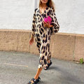 Autumn Women's Long Leopard Print Dress New Long V-neck Loose Lantern Sleeve Leopard Print Dress Long Dress