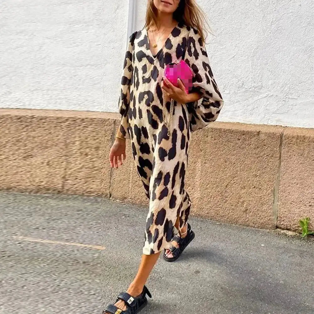 Autumn Women's Long Leopard Print Dress New Long V-neck Loose Lantern Sleeve Leopard Print Dress Long Dress