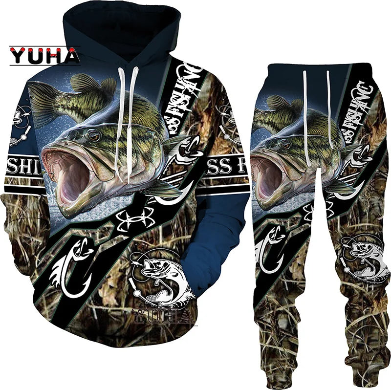 New 3D Fishing Art Print Casual Couple Hoodies Outfits Hip Hop Streetwear Hooded Sweatshirt+Sweat Pants Men's Tracksuit Set Lootquake LLC