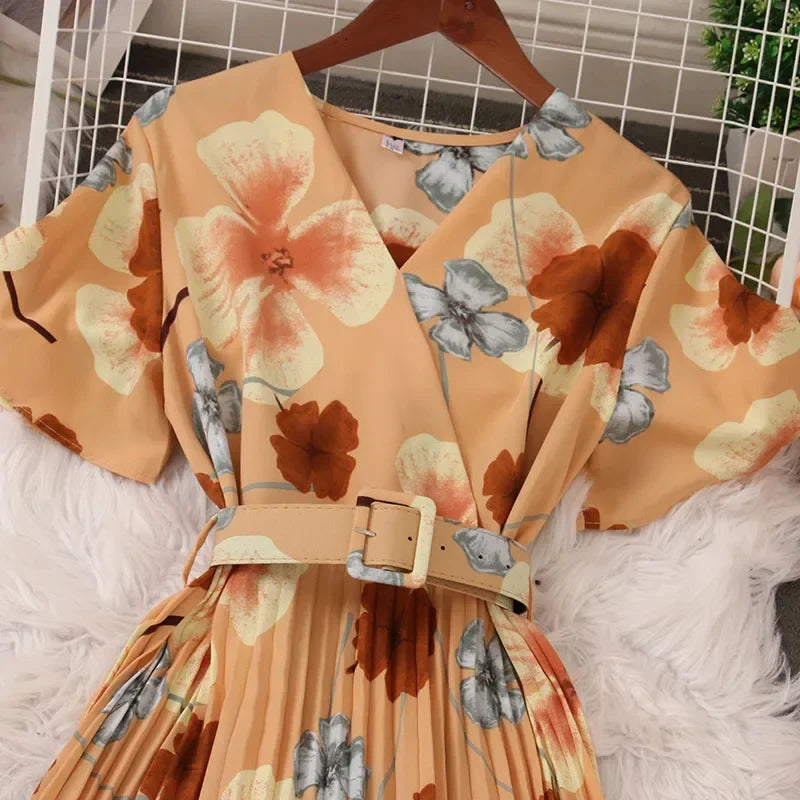 Women Dress Fashion Vintage Ins Bandage Slim Waist A-line Long Dress Vacation Beach Summer Outfits Lady Robe Femme Lootquake LLC