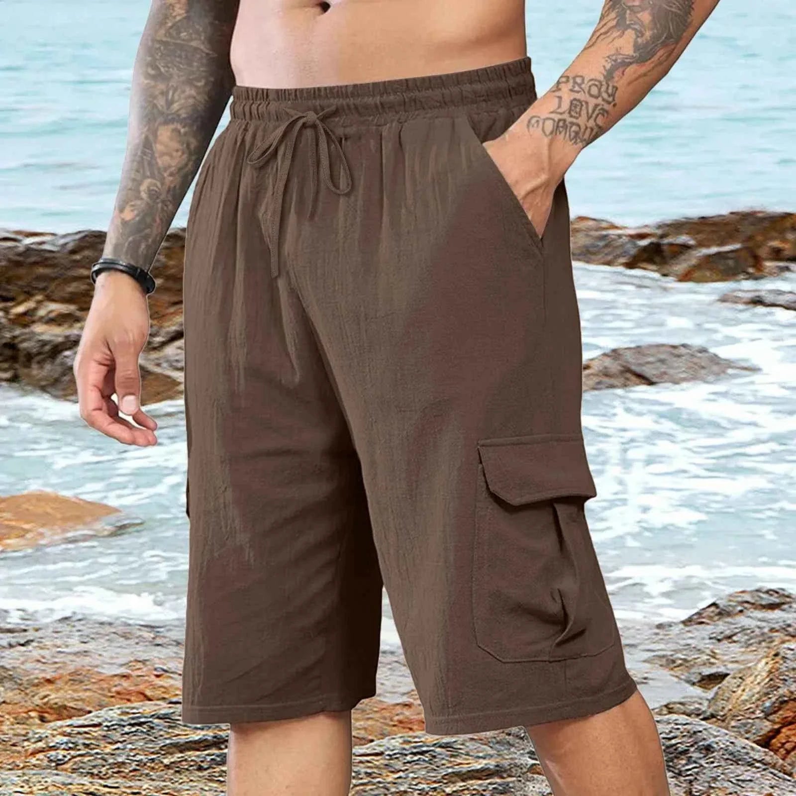 Men's Linen Casual Elastic Waist Beach Shorts THRIXINE