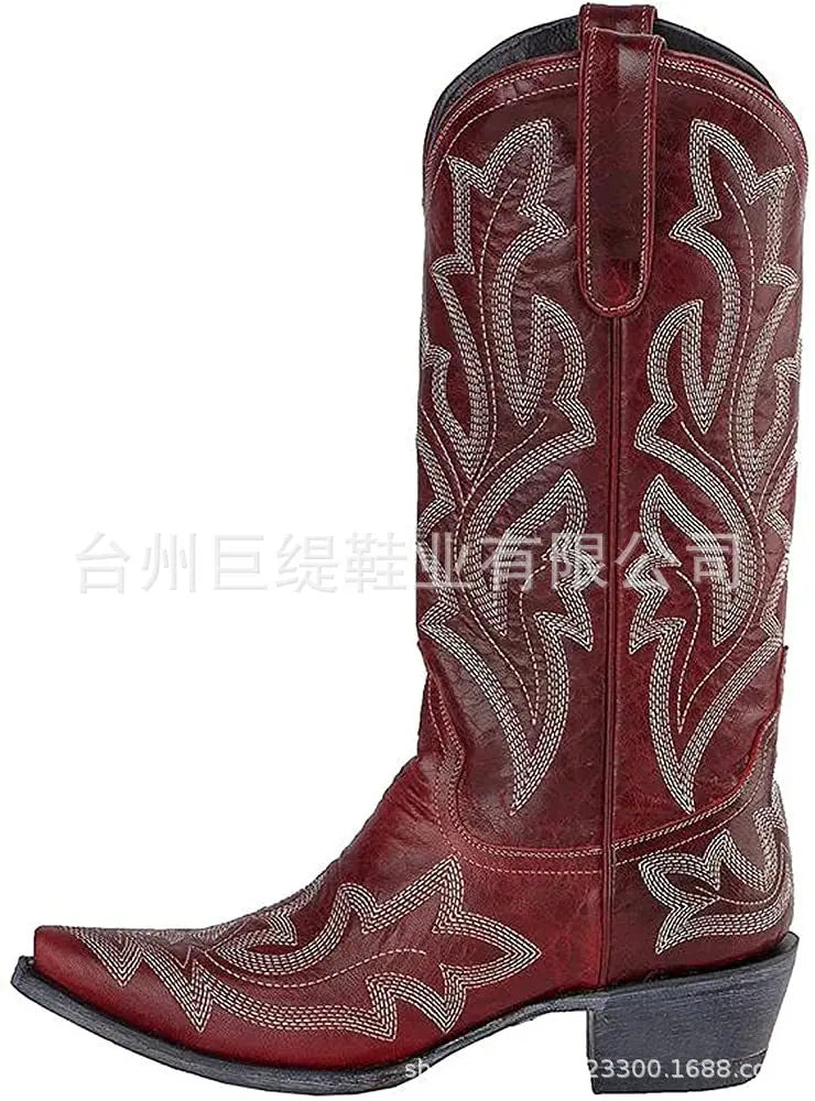 Embroidery Cowboy Boots For Women Knee High Med Calf Vintage Western Cowgirl Boots Women Heeled Casual Shoes Autumn Block Heel Lootquake LLC