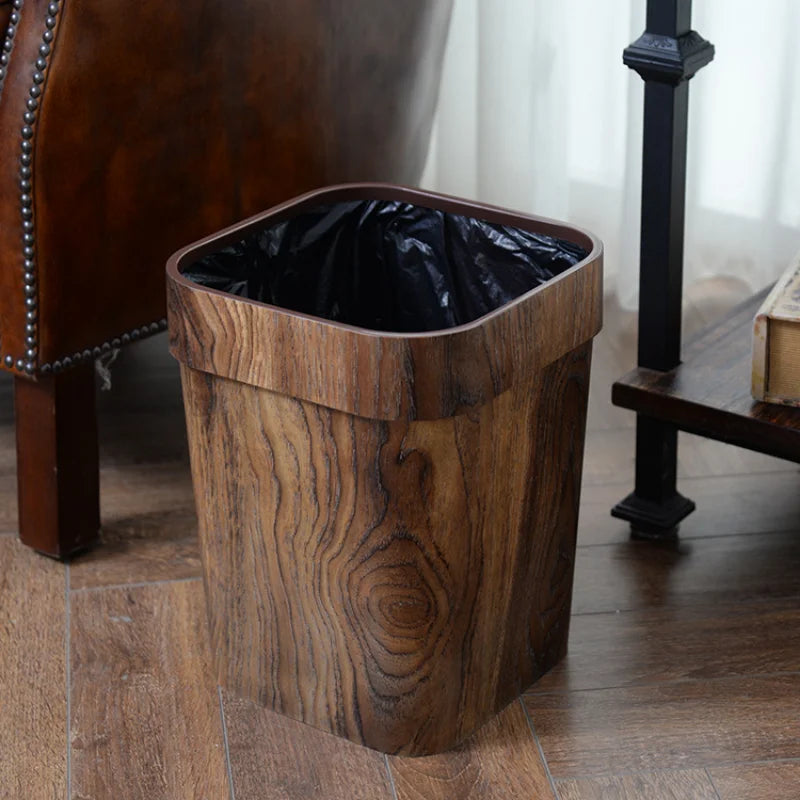 Square Wood Grain Garbage Bin Household Plastic Uncovered Office Bathroom Livingroom Kitchen 12L Dustbin Waste Basket Trash Can Lootquake LLC