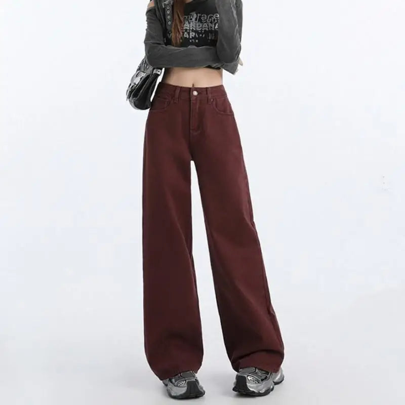 FINEWORDS Retro Angela Red Winter Jeans Women Thicken Cashmere High Waist Baggy Jeans Streetwear Casual Wide Leg Denim Pants Lootquake LLC