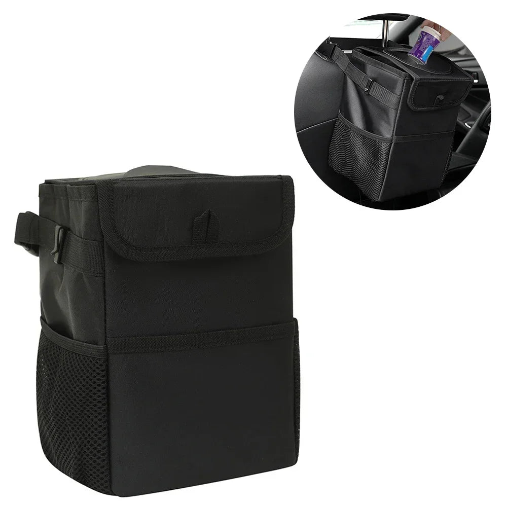 Trash Can with Lid and Storage Pockets 100% Leak Proof Organizer Waterproof Garbage Multipurpose Bin Black Load Dustbin for Car Lootquake LLC