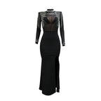 CM.YAYA Women Mesh See Through Long Sleeve Diamonds Hot Rhinestones Mermaid Long Dress Fall Evening Sexy Party Dresses Vestidos