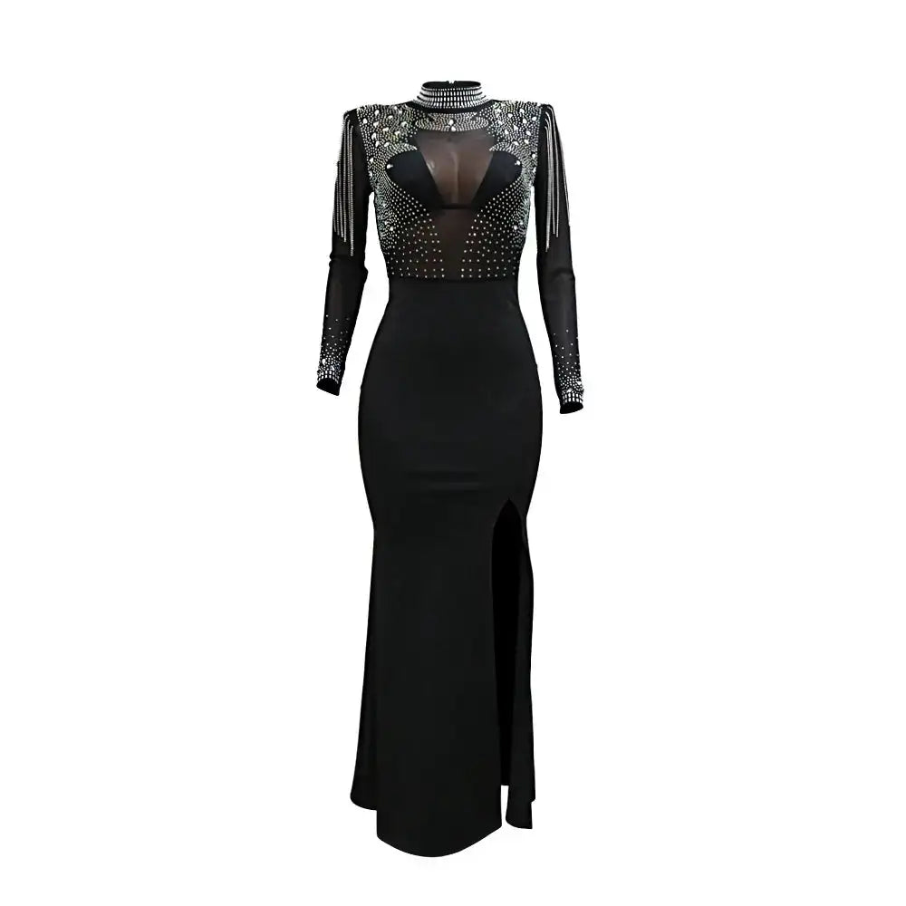 CM.YAYA Women Mesh See Through Long Sleeve Diamonds Hot Rhinestones Mermaid Long Dress Fall Evening Sexy Party Dresses Vestidos