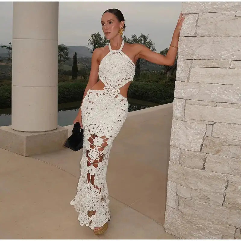 Fashion Hollow Out Halter Maxi Dress For Women 2024 Sexy Sleeveless Backless Long Dress Holiday Hook Flower Knitted Beach Robe