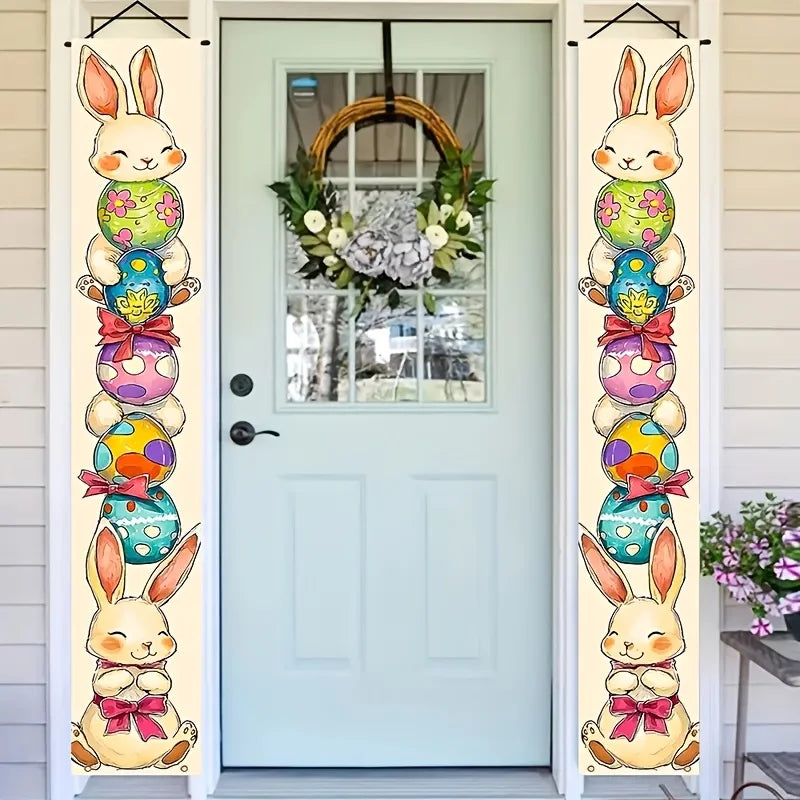 Happy Easter 2PC  Bunny Door Banners Polyester Easter Egg Decorative Flags for Outdoor Indoor Holiday Easter Decoration 2025 Lootquake LLC