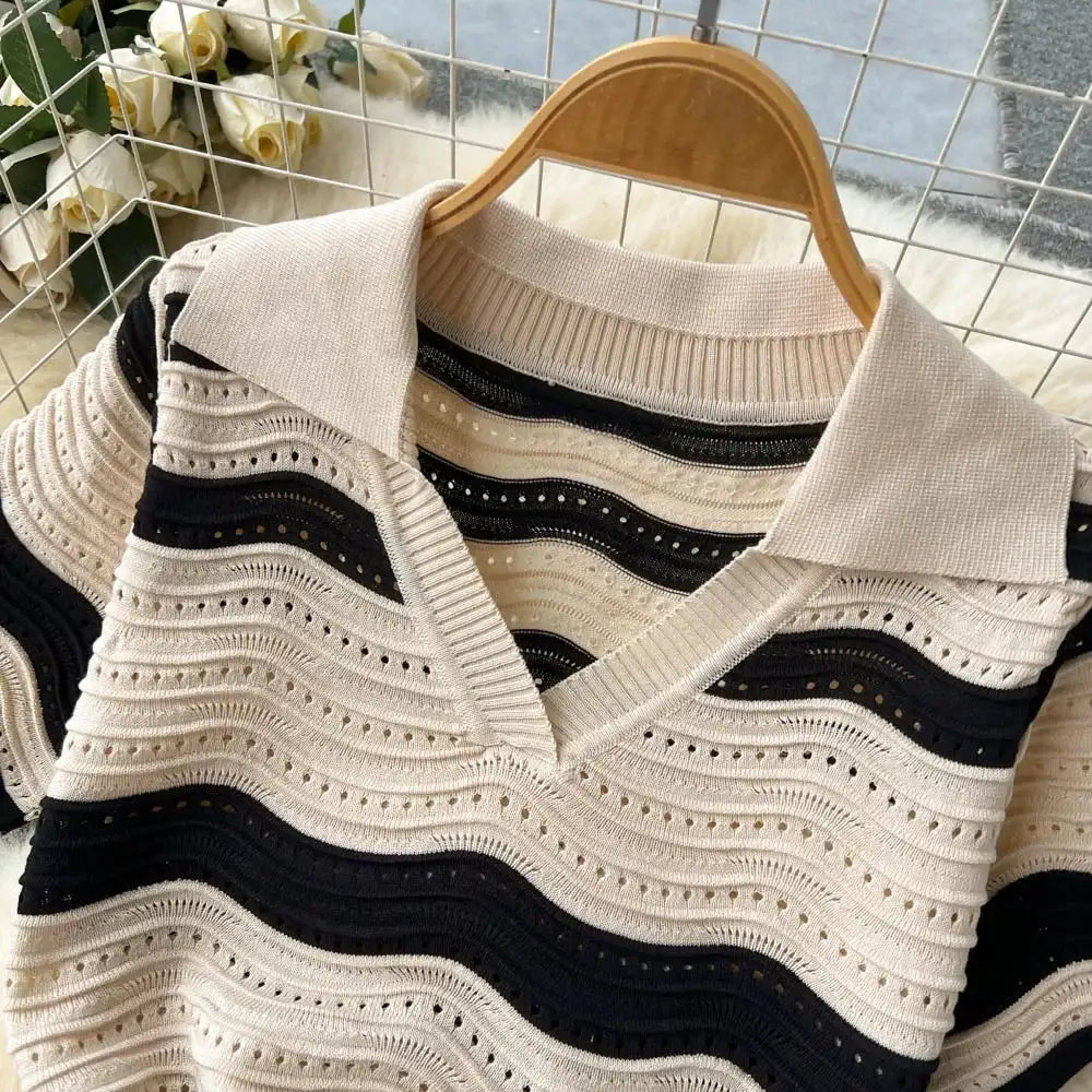 Short Sleeves Striped Long Dress Lapel Neck Hollow Out Slim Bodycon Sundress Fashion Hotsweet Knitted Beach Midi Dress