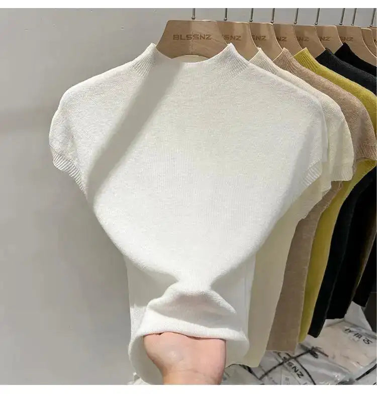Half High Collar T-shirts Flying Sleeve Design Slim Knitted Sleeveless Top Women Simple Comfortable White T-shirts Summer 2025