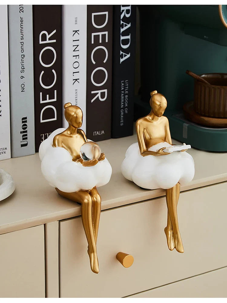 Sitting ballet girl art Golden sculpture Sitting posture ornament home accessories Statuettes Figurines office decor Statues Lootquake LLC
