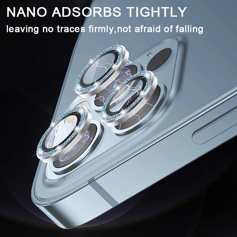 9H Tempered Glass Camera Cover Screen Protector Metal Individual Ring For iPhone Phone Glitter Camera Lens Protector Film For iPhone 14 13 12 11 Pro Max Luminous Lens Metal Glass Protective Cover Stevvex