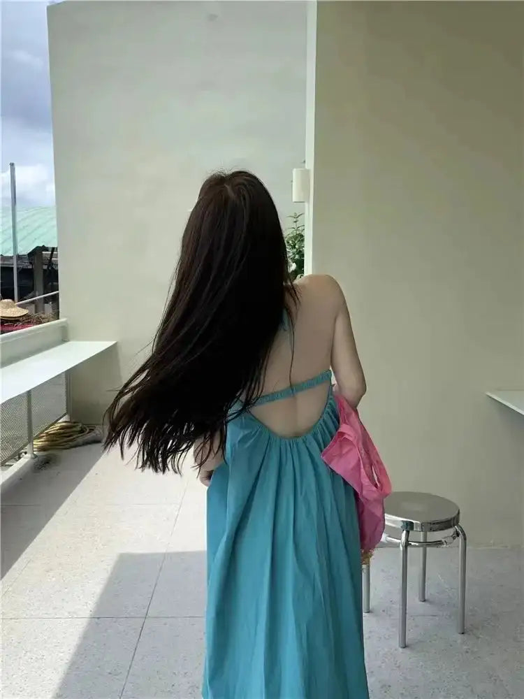 Summer Vacation Dress Thailand Style Open-back Halter Neck Age-reducing Photography Beach Long Dress Belted
