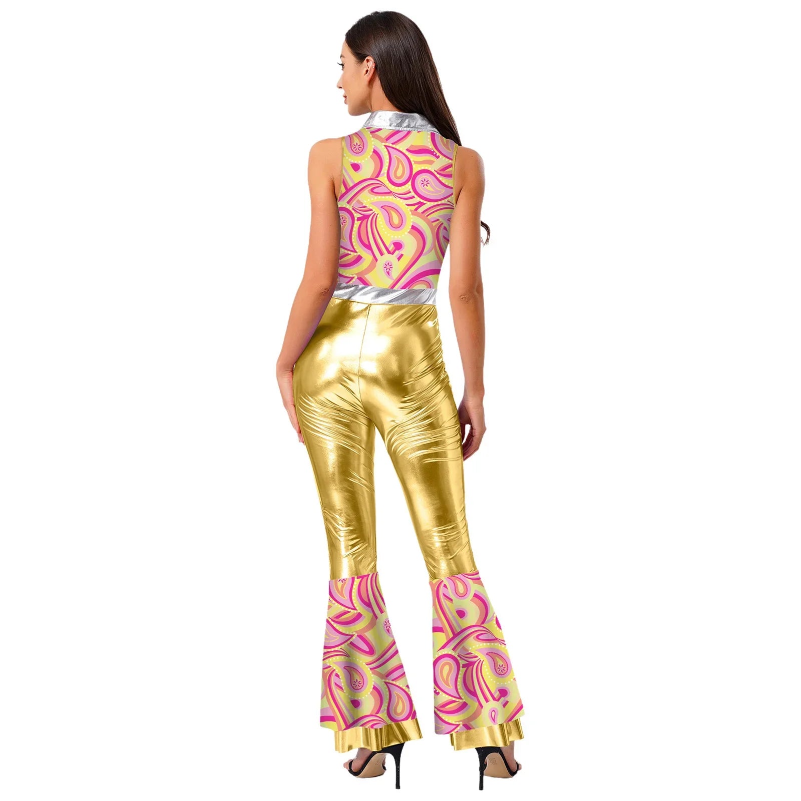 Womens Halloween Retro Hippie Cosplay Costume Party Hip-hop Dance Costume Metallic Shiny Vintage Carnival Bodysuit Jumpsuit Lootquake LLC