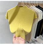 Half High Collar T-shirts Flying Sleeve Design Slim Knitted Sleeveless Top Women Simple Comfortable White T-shirts Summer 2025