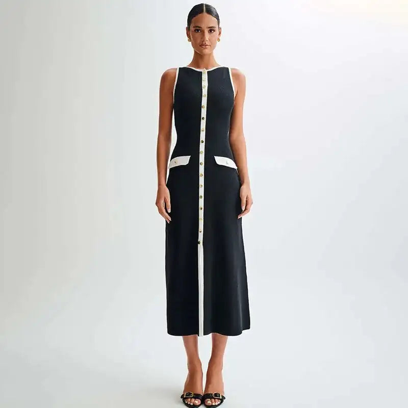 Fashion Knitted Long Dress For Women Elegant Sleeveless Button Maxi Sweater Bodycon Dresses Female Party Fashion Vestidos 2024 N