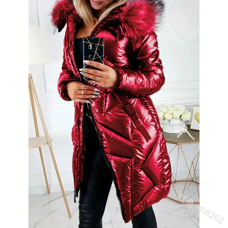Stylish Women’s Mid-Length Parka with Fur Collar Pi-Mart