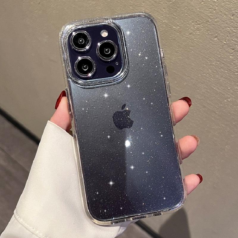 Luxury Glitter Bumper Clear Case for IPhone 14 13 12 11 Pro Max Mini X XS Max XR Cute Shining Shockproof Silicone Cover Hard Back Shockproof Protective Phone Cover For iPhone Stevvex