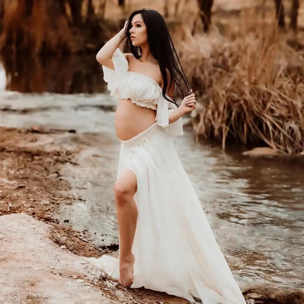 Maternity Dress For Photoshoot Pregnancy Off Shoulder Ruffled Semi Transparent Chiffon Long Dress Photography Dress For Women