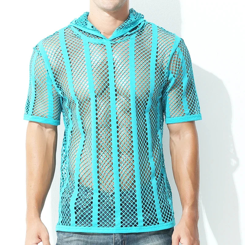 Men Mesh Shirt Transparent Long Sleeve Men Clothing Sexy Solid Party Nightclub Hooded Tops Lootquake LLC
