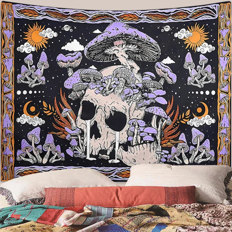 1pc Skeleton mushroom pattern tapestry, moon sun mandala tapestry, room decoration wall hanging Lootquake LLC