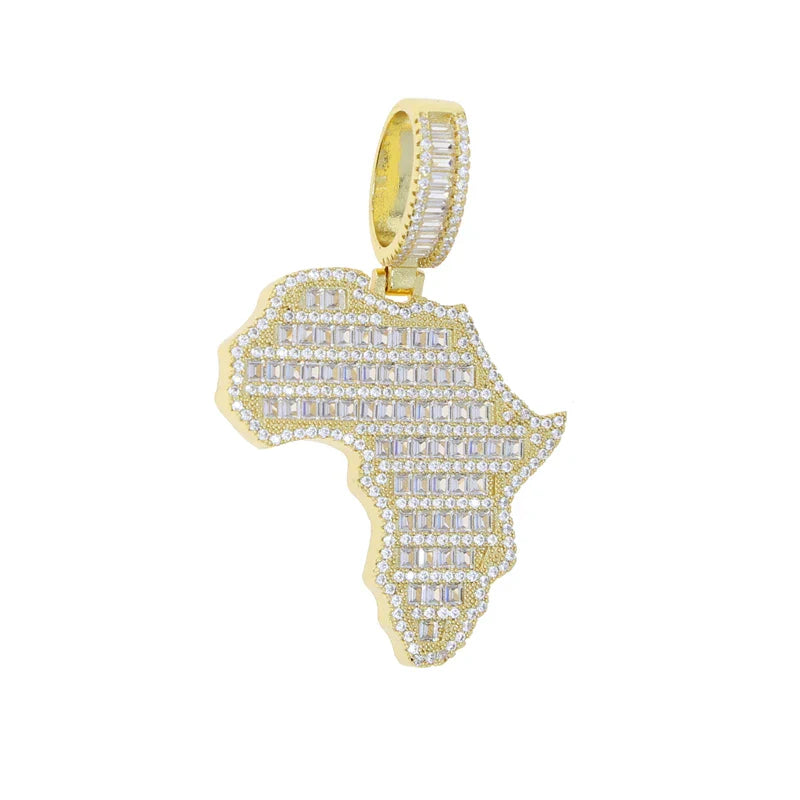 New Arrive Rectangle Cubic Zirconia CZ Paved Bling Africa Map Shaped Pendant Necklace Hip Hop Men Boy Cool Meaning Jewelry Lootquake LLC