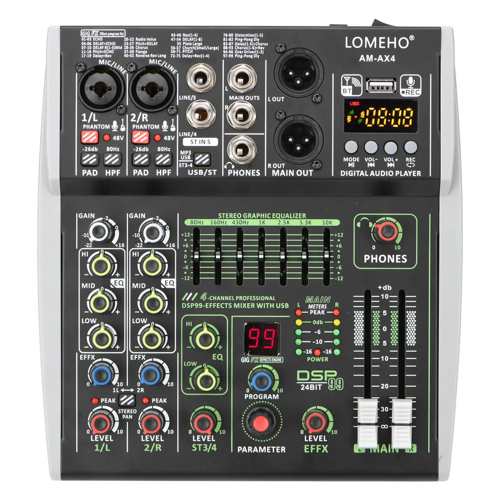 99 DSP Effects Mixing Console Podcast Mini 4/6 Channels Sound Audio Mixer Individual 48V Bluetooth USB PC Play Record AM-AX4/6 Lootquake LLC