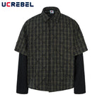 Plaid Spliced Fake Two Pieces Shirts Mens High Street Spring Loose Single Breasted Long Sleeve Lapel Shirts Shirts Men Lootquake LLC