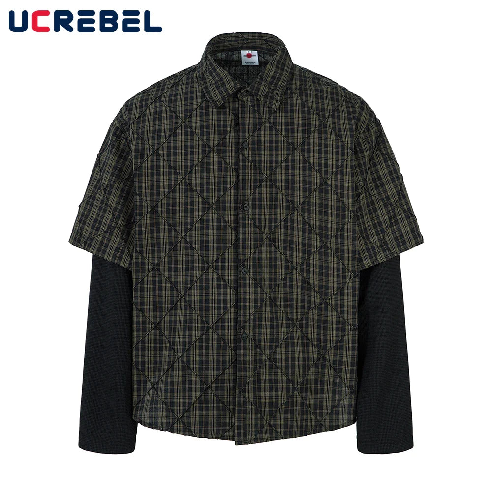 Plaid Spliced Fake Two Pieces Shirts Mens High Street Spring Loose Single Breasted Long Sleeve Lapel Shirts Shirts Men Lootquake LLC