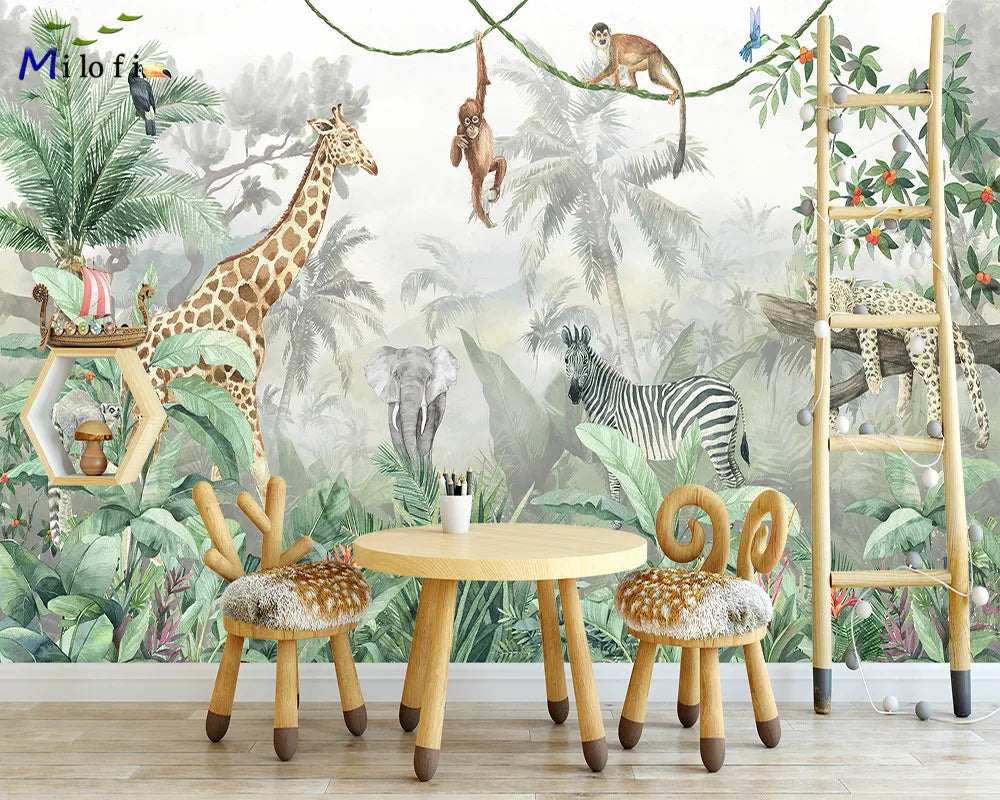 Milofi custom watercolor jungle nursery 3d wallpaper wall mural for kids nursery room 3d animal wallpaper sticker art deco