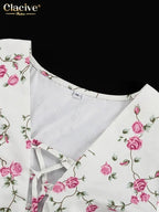 Clacive Summer Slim Print Women's Dress 2024 Sexy V-Neck Short Sleeve Mini Dresses Elegant High Waist Pleated Female Dress