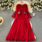 Purple/Green/Red Pleated Maxi Long Dress Women Vintage V-Neck Flare Sleeve Draped Ruffle Vestido Female Maxi Robe Summer Lootquake LLC