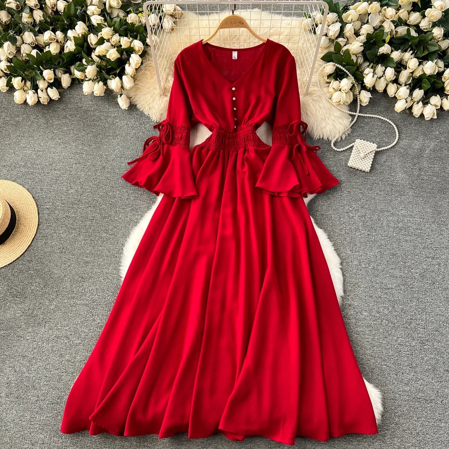 Purple/Green/Red Pleated Maxi Long Dress Women Vintage V-Neck Flare Sleeve Draped Ruffle Vestido Female Maxi Robe Summer Lootquake LLC