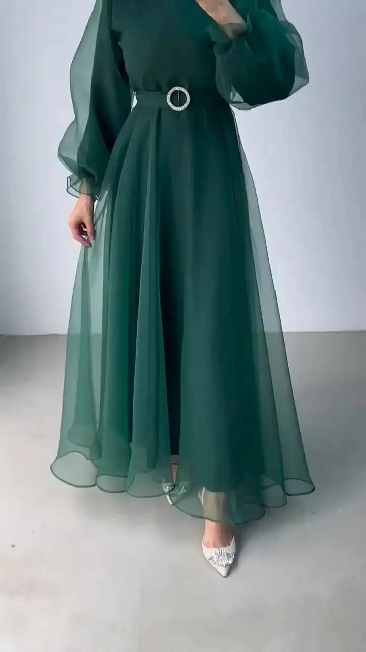 Spring Elegant Mesh Dress Muslim Women Fashion Solid High Waist Mesh Lantern Sleeves Long Dress Women