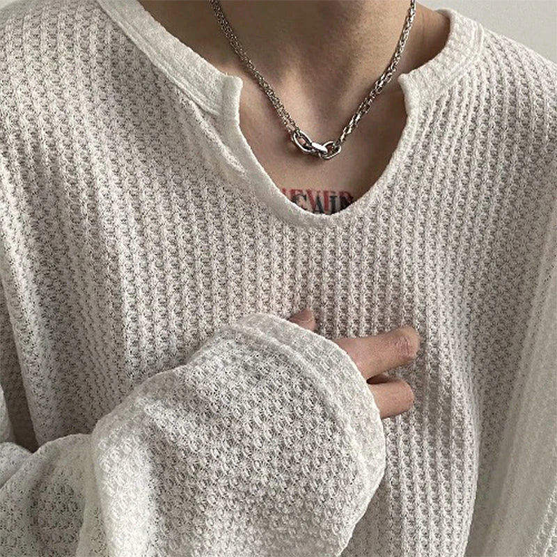 Men's Retro Loose Lazy Stylish Long Sleeve T-Shirt Casual O Neck Solid Exposed Clavicle Tops Breathable Basic Shirt 2025 New Lootquake LLC