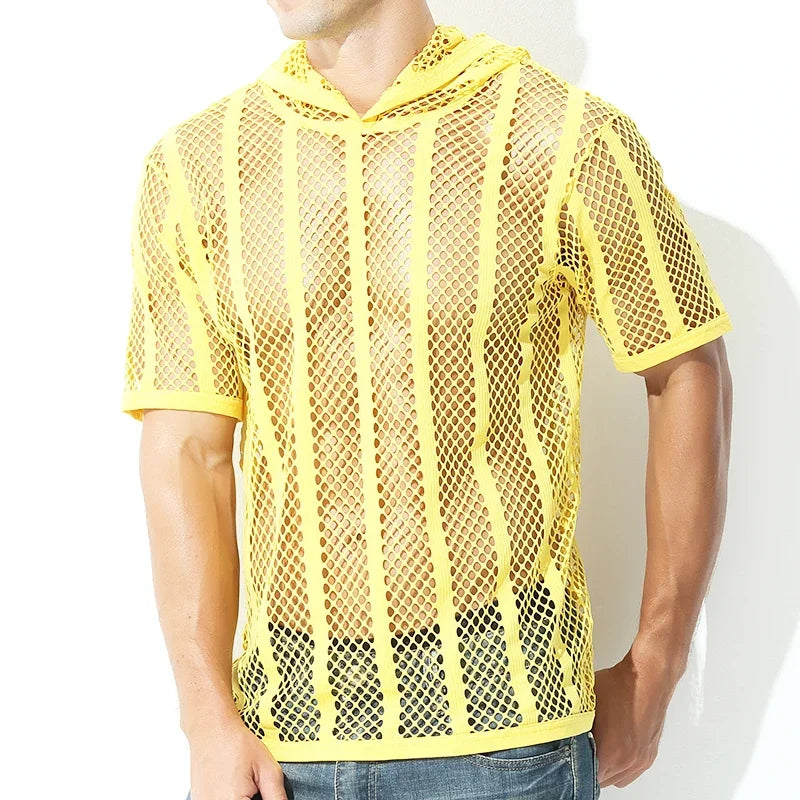 Men Mesh Shirt Transparent Long Sleeve Men Clothing Sexy Solid Party Nightclub Hooded Tops Lootquake LLC