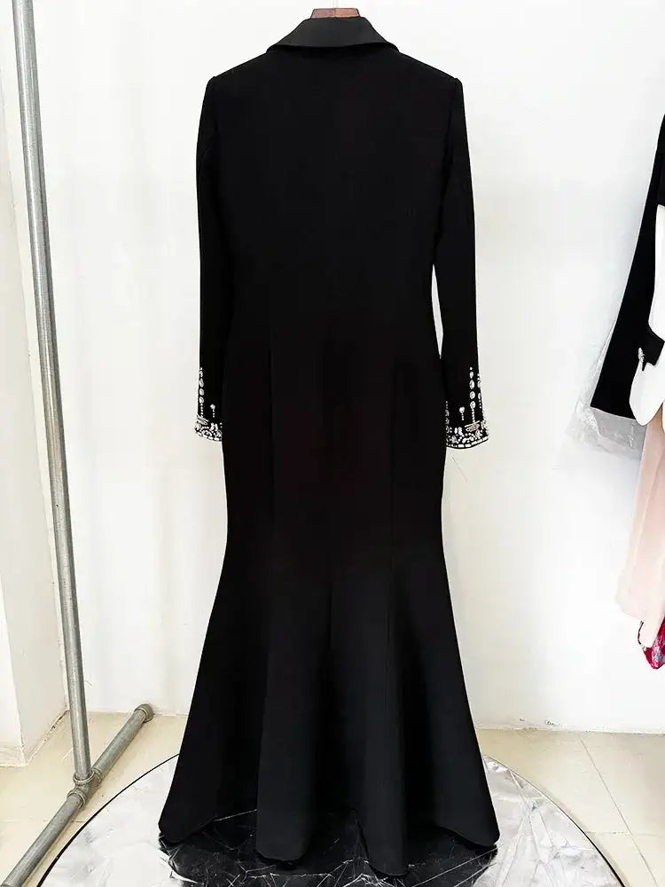HIGH STREET Newest 2025 Designer Fashion Women's Long Sleeve Notched Collar Rhinestone Diamonds Beading Maxi Long Dress