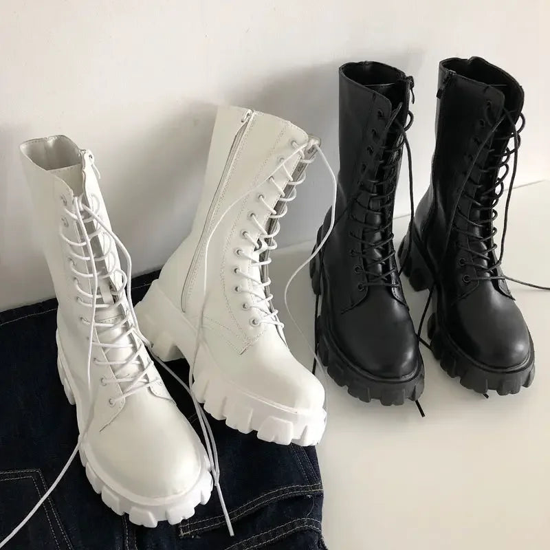 Women's Comfortable Solid Color Platform Boots, Fashion Lace Up Side Zipper Boots with Comfortable Design Lootquake LLC