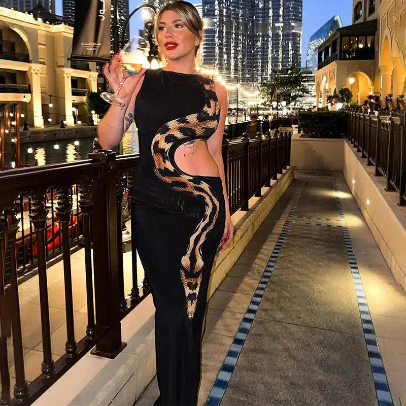 Tossy Python Printed Hollow Out Maxi Dress Female Slim Sexy Side Split Sleeveless Contrast Summer Party Dress Women's Long Dress