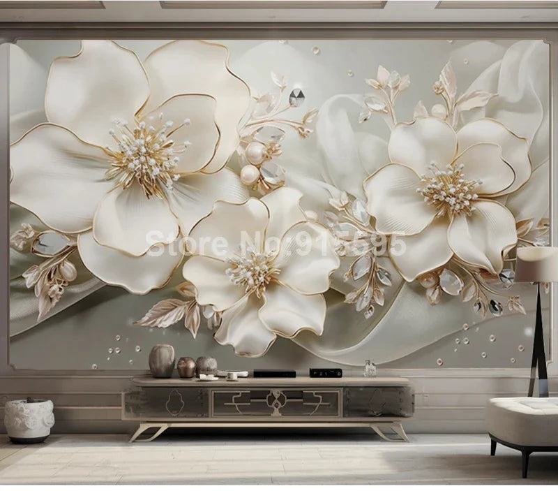 Custom Large Size Modern Wallpaper 3D Embossed Flowers Jewelry Mural Paper TV Background Wall Living Room Decor Home Improvement Lootquake LLC