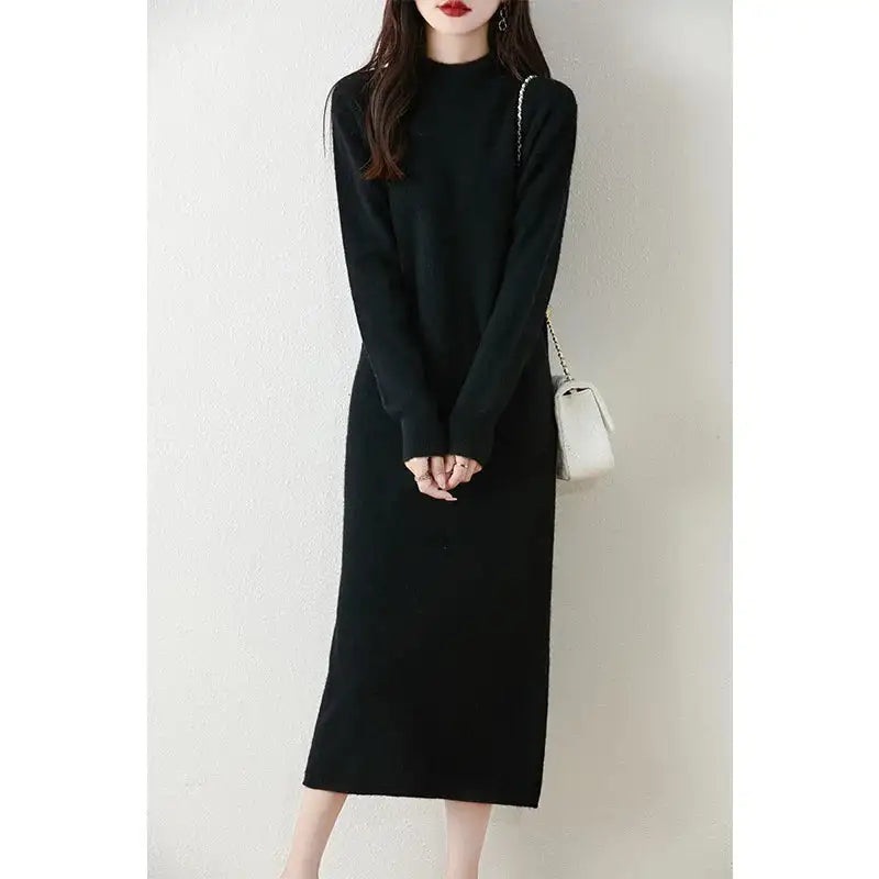 Autumn Winter Women's Wool Long Dress Cashmere Mock Neck Pullover Sweater 100% Merino Wool Soft Knitwear OL Simple Basic Dress Lootquake LLC
