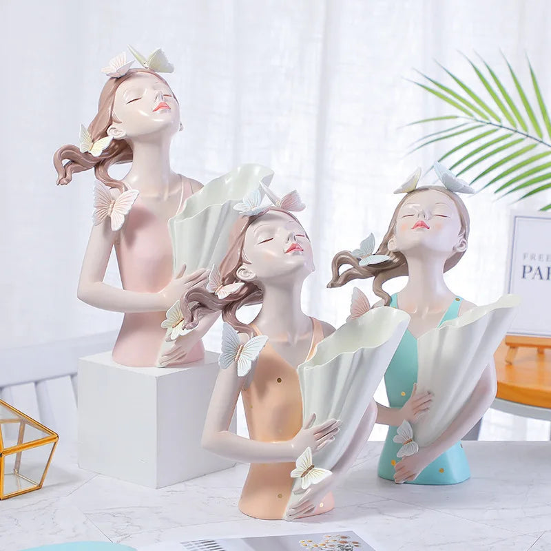 New Butterfly Girl Sculpture Vase Bust Model Art Modern Storage Statues Home Living Room Desktop Decor Character Figurine