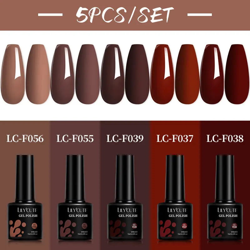 LILYCUTE 5Pcs/Set 7ML Red Brown Nail Gel DIY Nail Art Semi Permanent UV Gel Polish Long Lasting Design Manicure Kit Supplies Lootquake LLC
